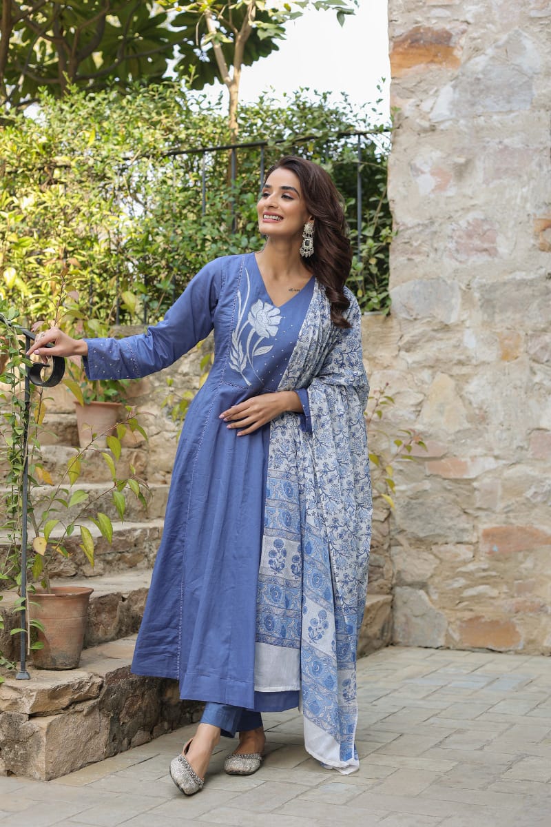 Jaipur Premium  Blue Cotton Anarkali Set Women Suit