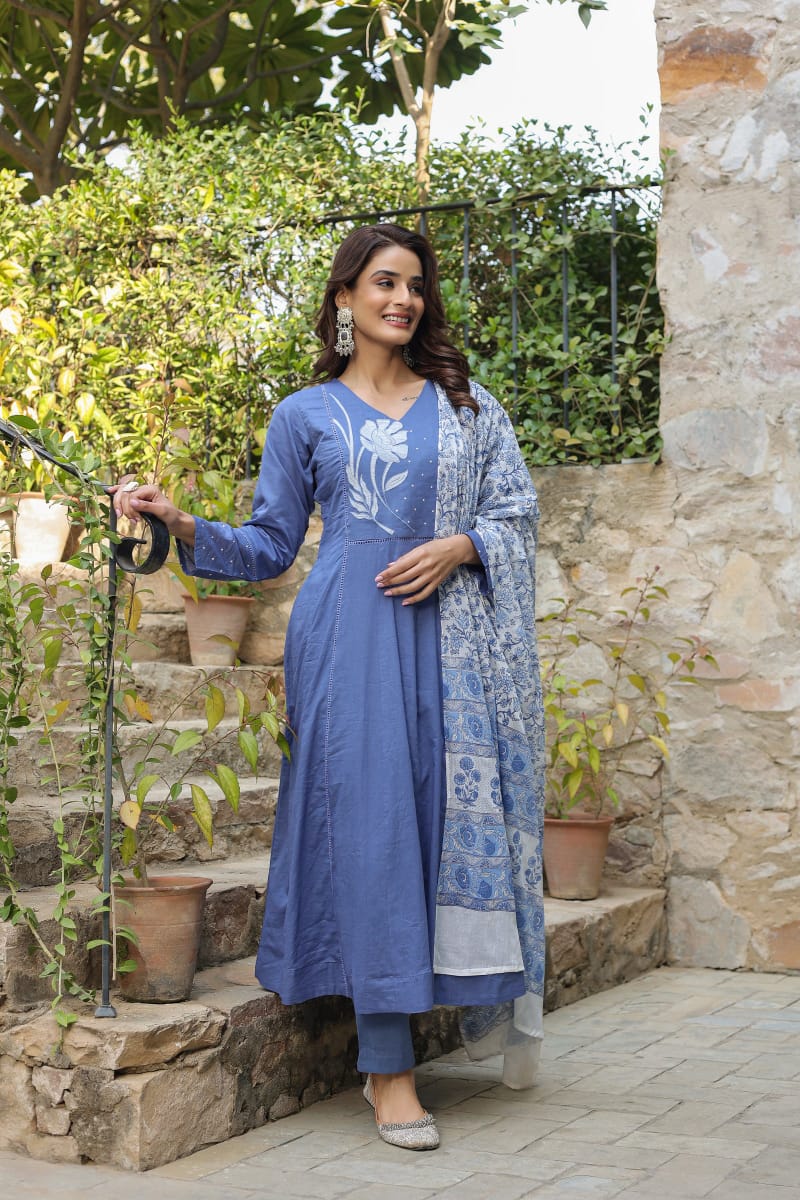 Jaipur Premium  Blue Cotton Anarkali Set Women Suit