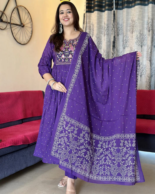 Jaipur Premium Purple Anarkali Kurta Set With Cotton Pant And Malmal Dupatta