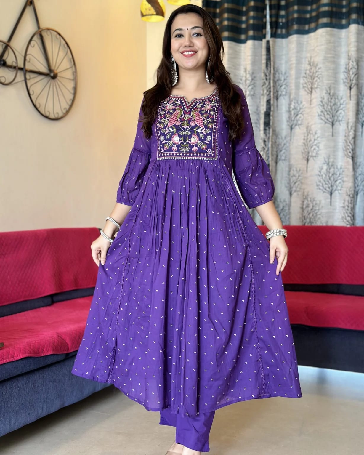 Jaipur Premium Purple Anarkali Kurta Set With Cotton Pant And Malmal Dupatta