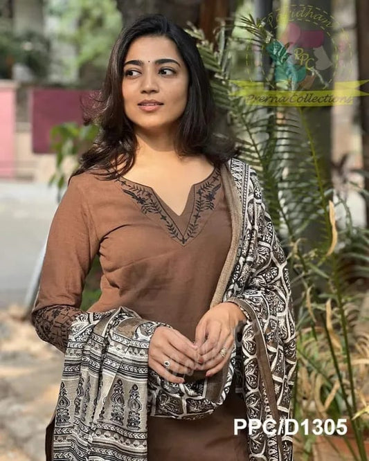 Elegant Brown Kurta Set with Printed Dupatta
