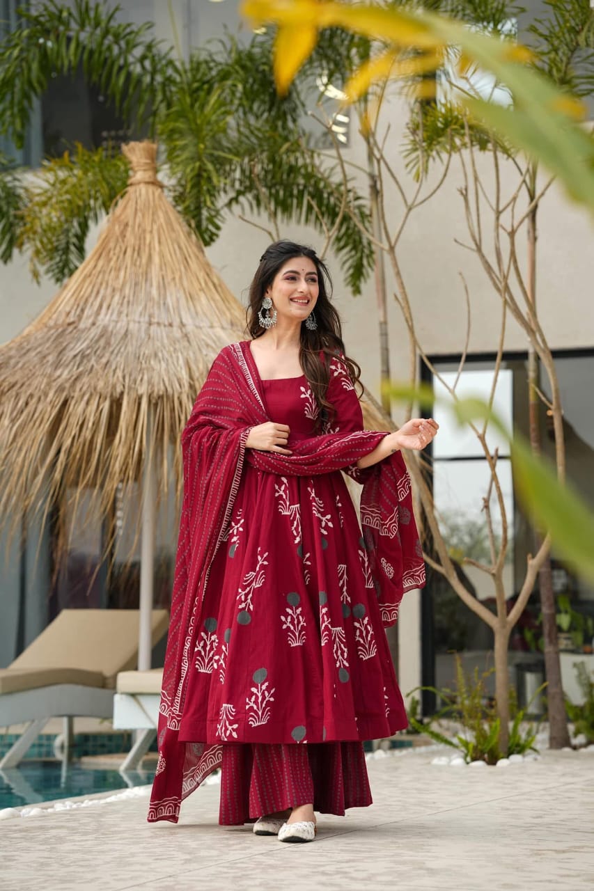 Jaipur Premium Red Pure Cotton Anarkali Kurta Set For Women