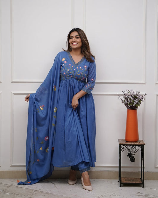 Jaipur Premium Beautiful Embroidery And Sequence Work Set For Women (Blue)