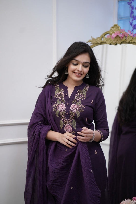 Jaipur Premium Pure Cotton Purple Embroidery Work Suit Set