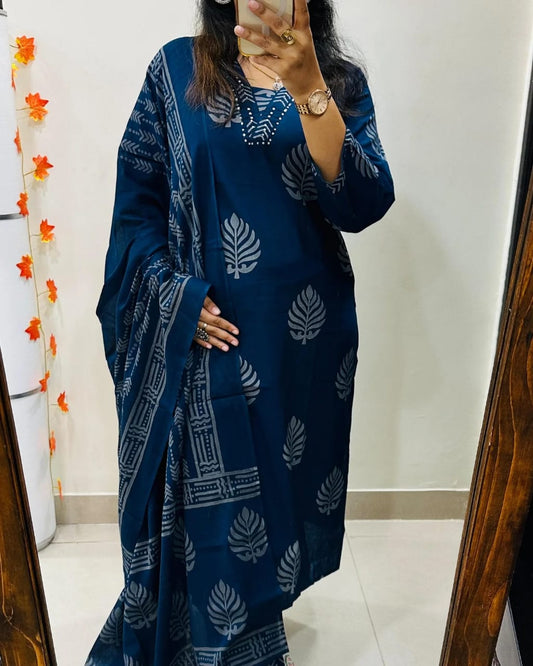 Jaipur Premium Pure Cotton Printed Kurta Pant Dupatta Set (Blue)
