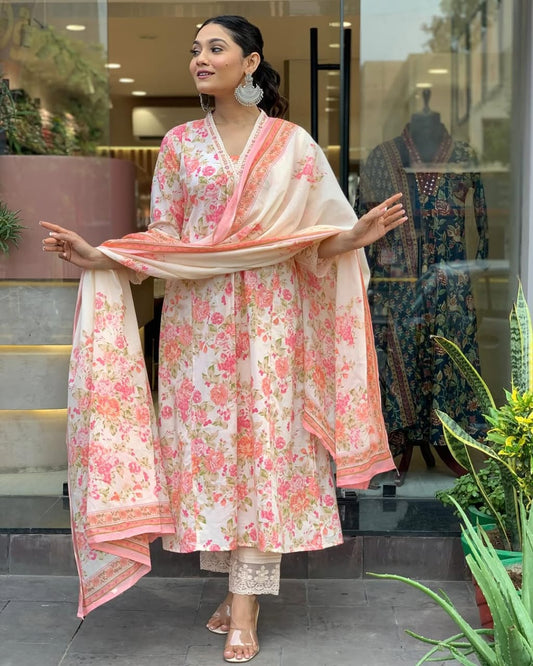 Jaipur Premium Floral Print Pure Cotton Ethnic Kurta Set With Attached Dupatta
