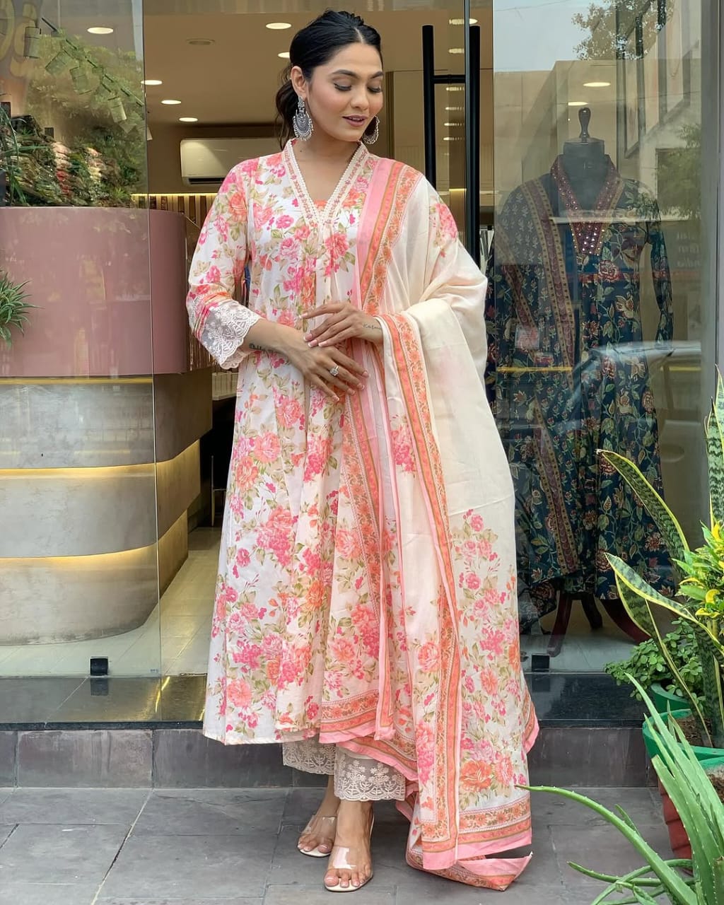 Jaipur Premium Floral Print Pure Cotton Ethnic Kurta Set With Attached Dupatta