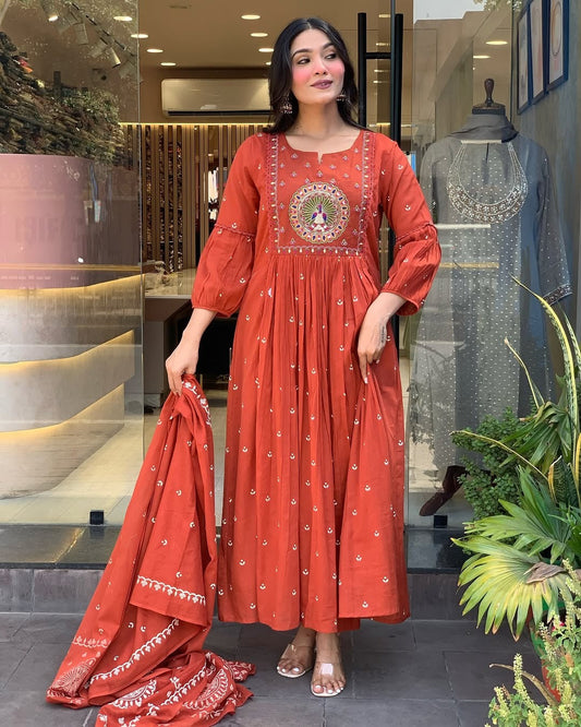 Jaipur Kurta Terracotta Mirror Work Anarkali Set