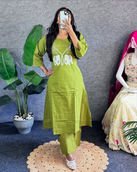 Jaipur Premium Green Embroidered Kurti Pant Set