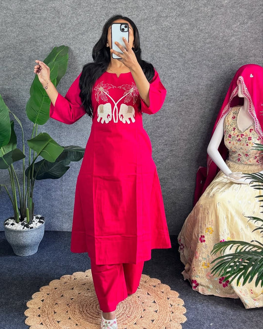 Jaipur Premium Pink Embroidered Kurti Pant Set