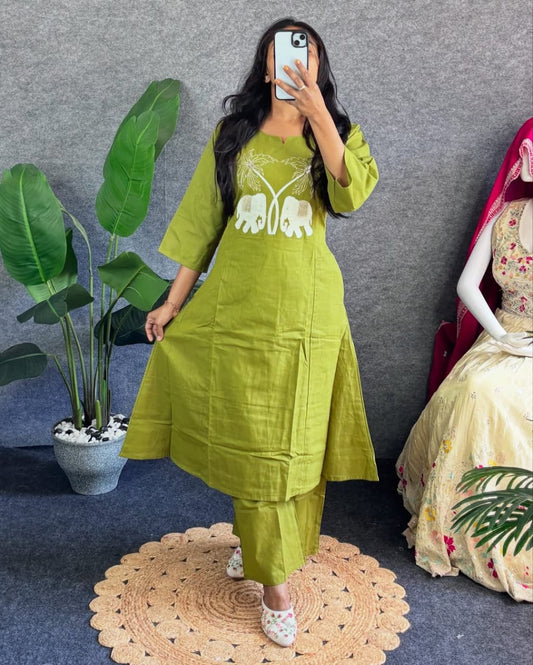 Jaipur Premium Green Embroidered Kurti Pant Set