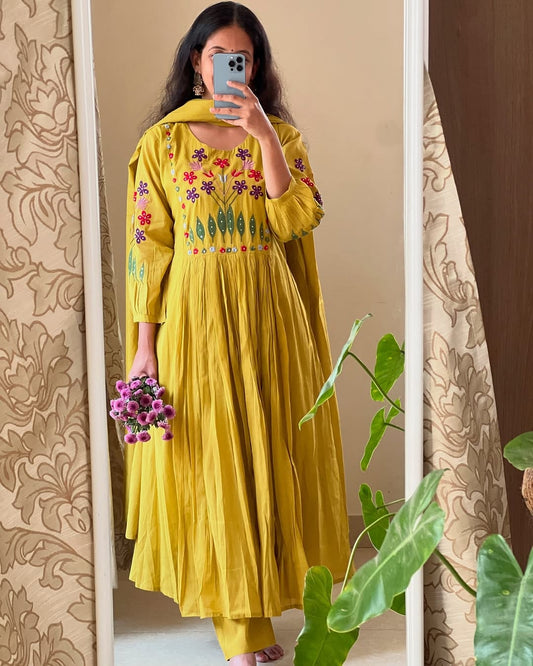 Jaipur Premium Yellow Embroidery Work Kurta Pant And Dupatta Set