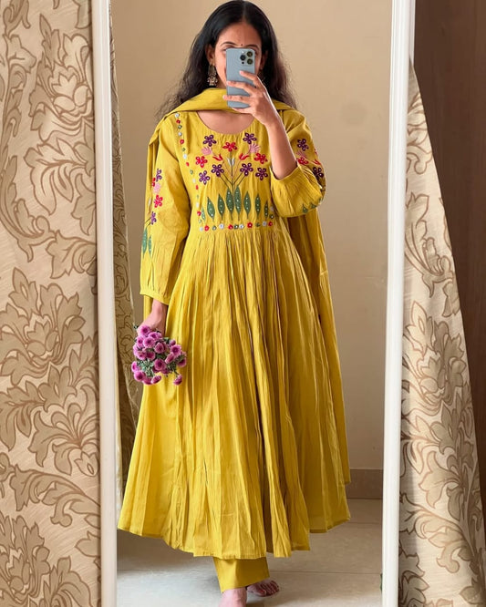Jaipur Premium Yellow Embroidery Work Kurta Pant And Dupatta Set