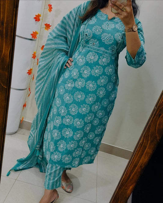 Jaipur Aqua Blue Handblock Floral Kurti Set