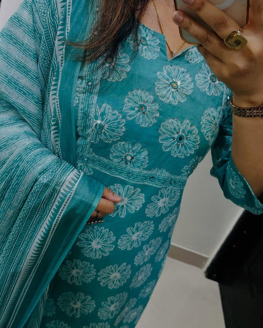 Jaipur Aqua Blue Handblock Floral Kurti Set