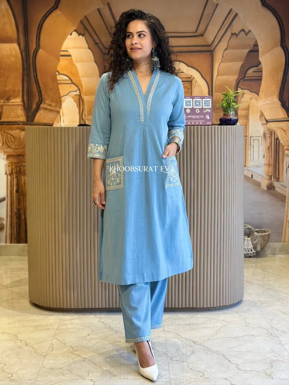 Jaipur Kurta Elegant Sky Blue Embroidered Cotton Kurta Set