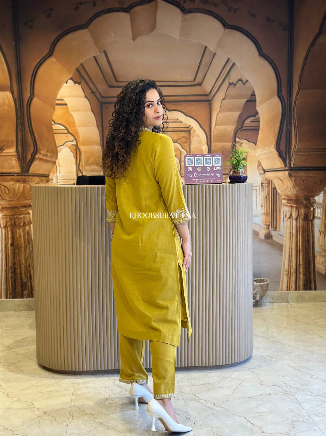 Jaipur Kurta Mustard Yellow Cotton Kurta With White Embroidery