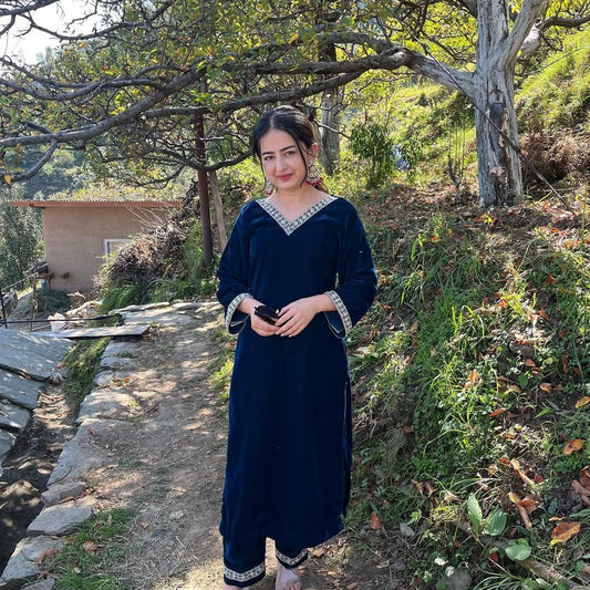 Navy Blue Velvet Kurta Set with White Embroidery