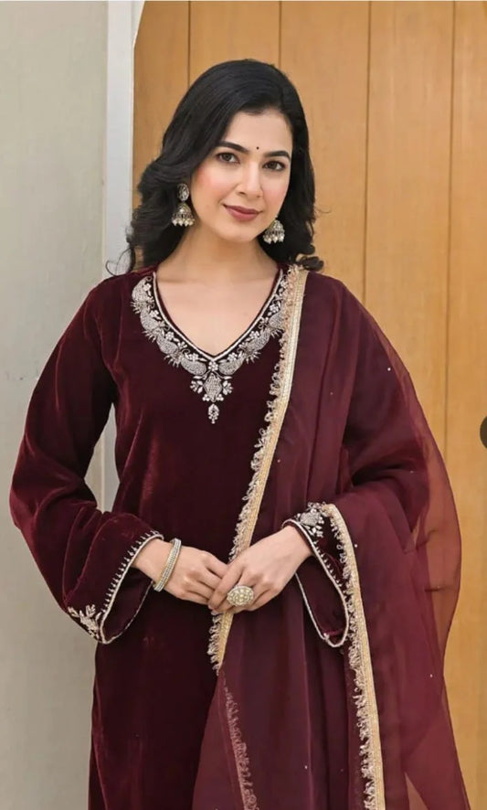 Elegant Maroon Velvet Suit with Embellished Dupatta