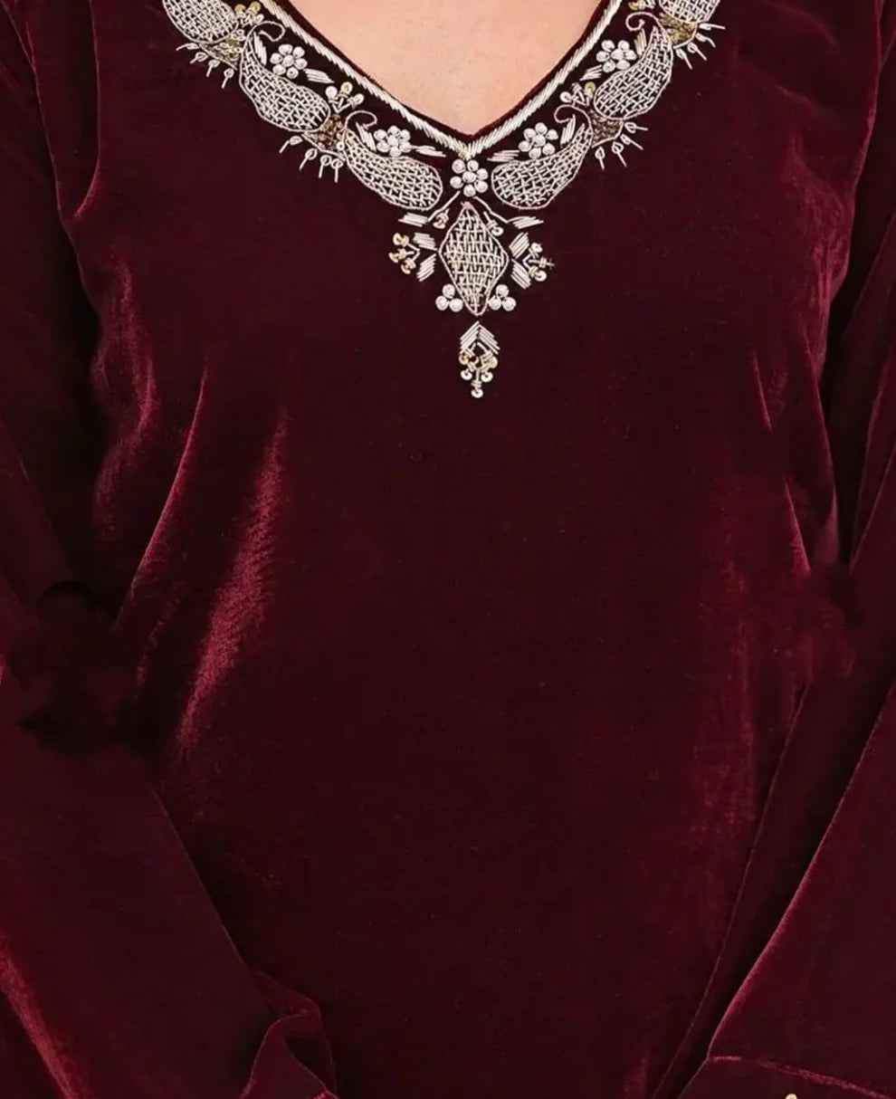 Elegant Maroon Velvet Suit with Embellished Dupatta
