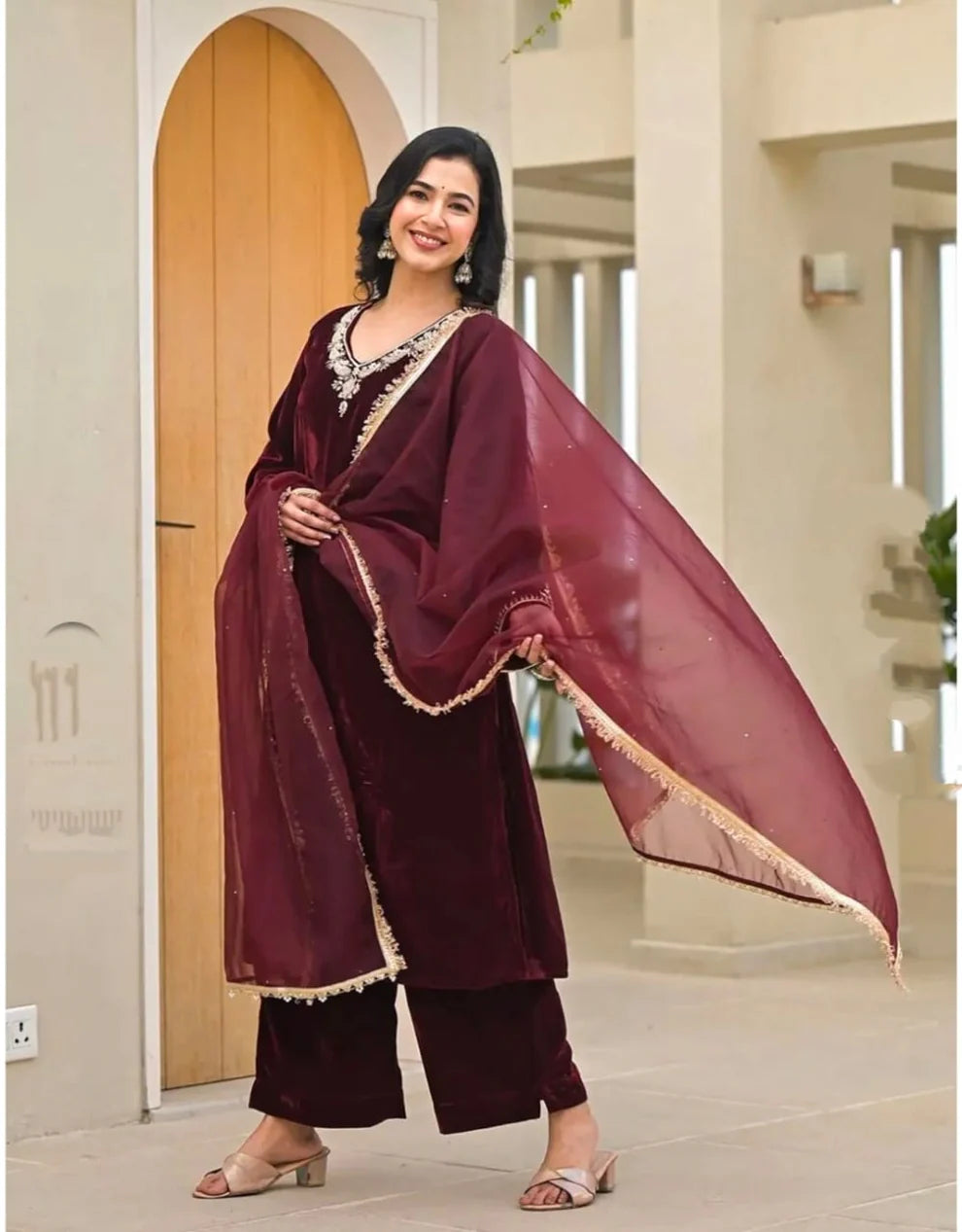 Elegant Maroon Velvet Suit with Embellished Dupatta