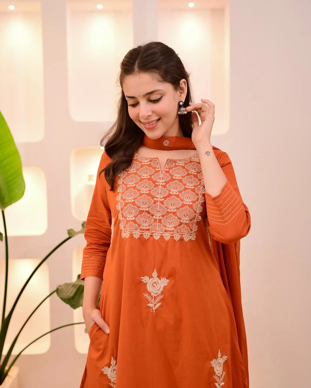 Rust Orange Embroidered Festive Kurta Set With Dupatta