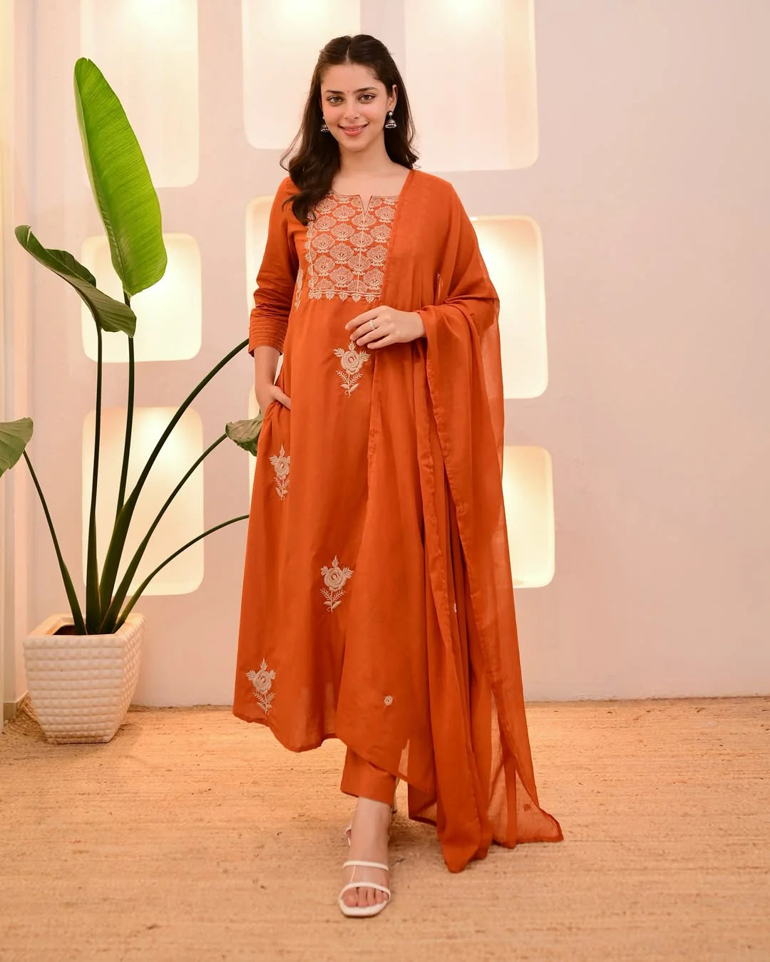 Rust Orange Embroidered Festive Kurta Set With Dupatta