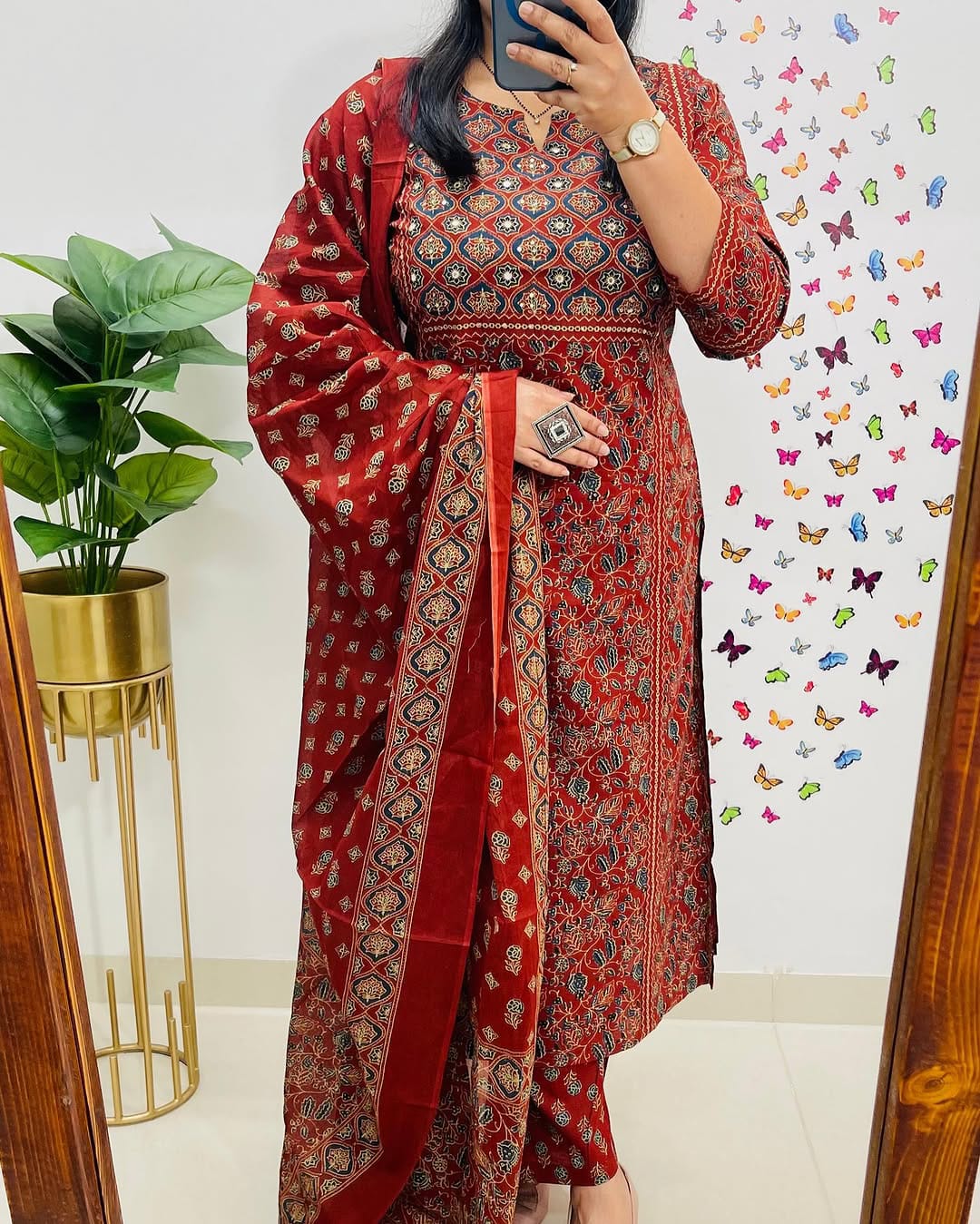 Rust Red Ethnic Printed Kurta Set with Dupatta