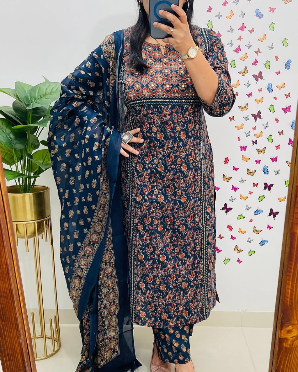 Navy Blue Ajrakh Printed Kurta Set with Dupatta
