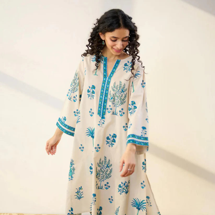 Women’s Beige & Blue Printed Kurta Set with Pants