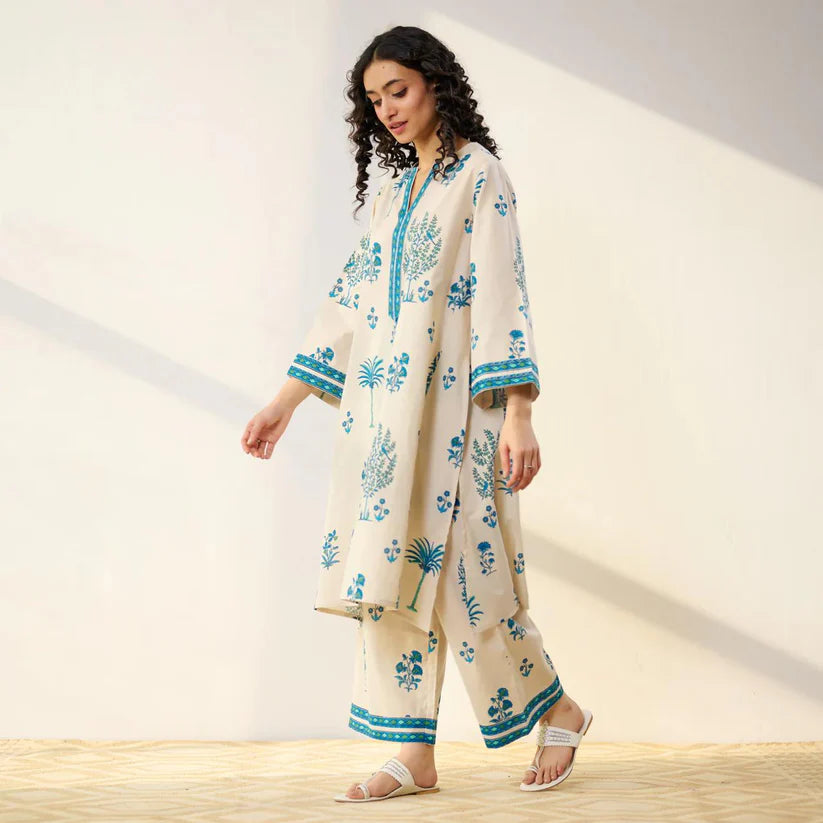 Women’s Beige & Blue Printed Kurta Set with Pants