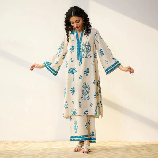 Women’s Beige & Blue Printed Kurta Set with Pants