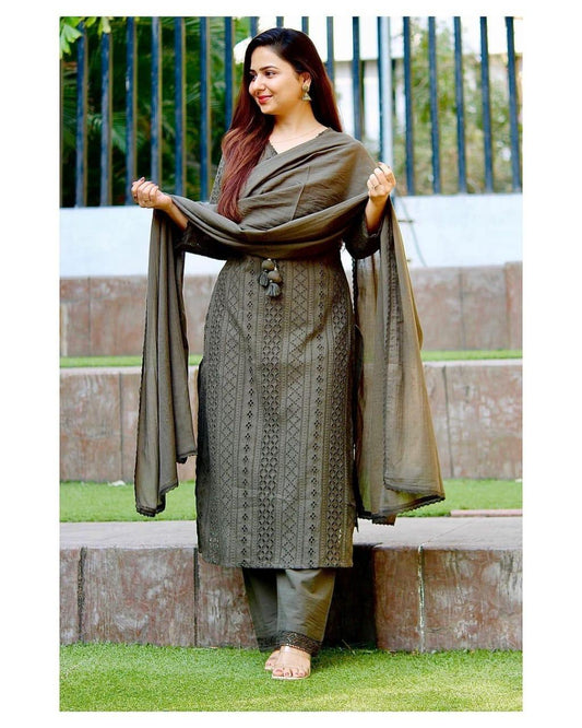 Premium Olive Green Embroidered Kurti Pant Dupatta Set