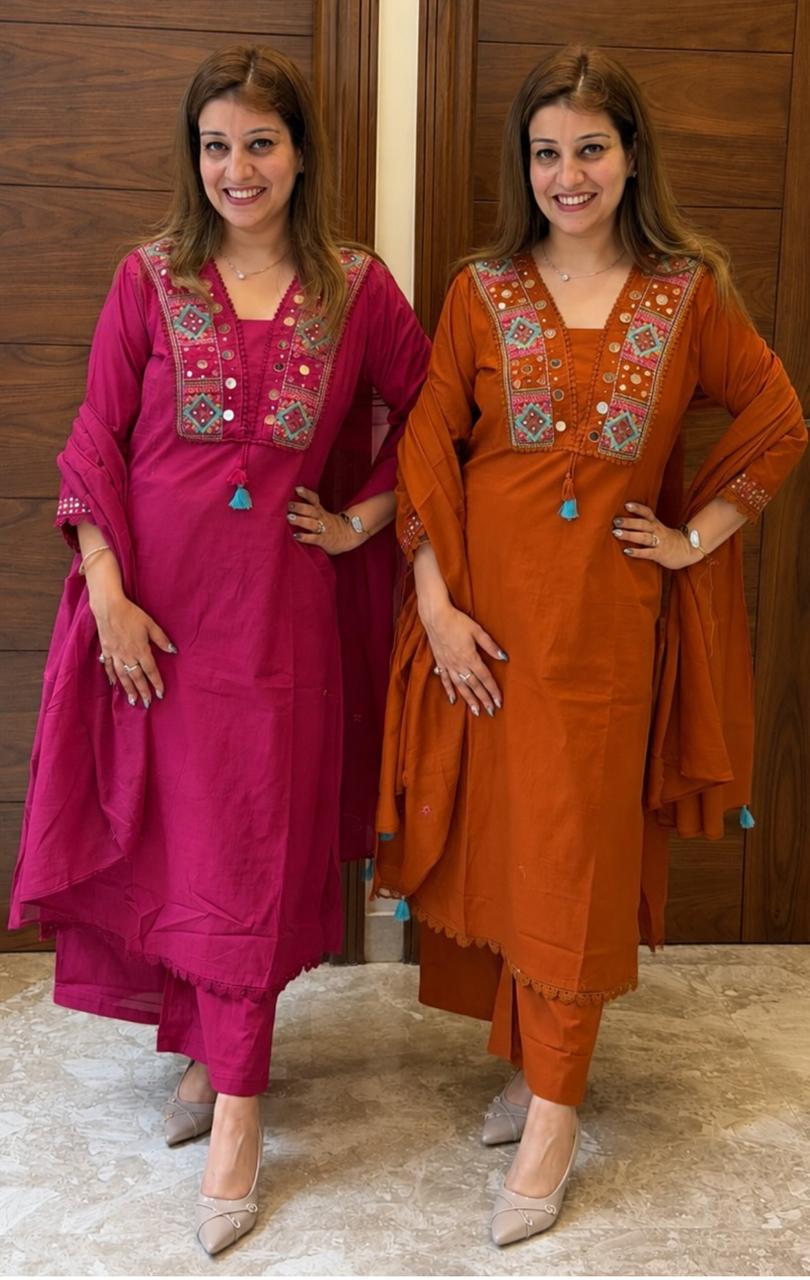 Embroidered Mirror Work Kurta Pant Dupatta Set