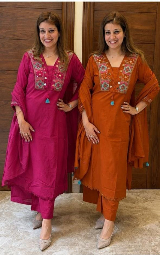 Embroidered Mirror Work Kurta Pant Dupatta Set
