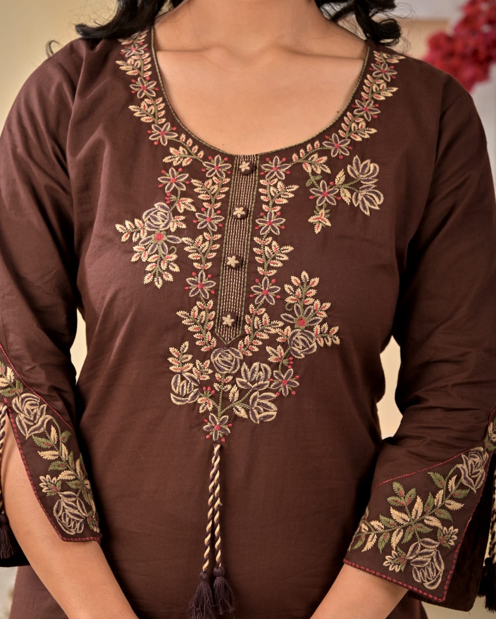 Chocolate Brown Floral Embroidered Kurta Pant Dupatta Set