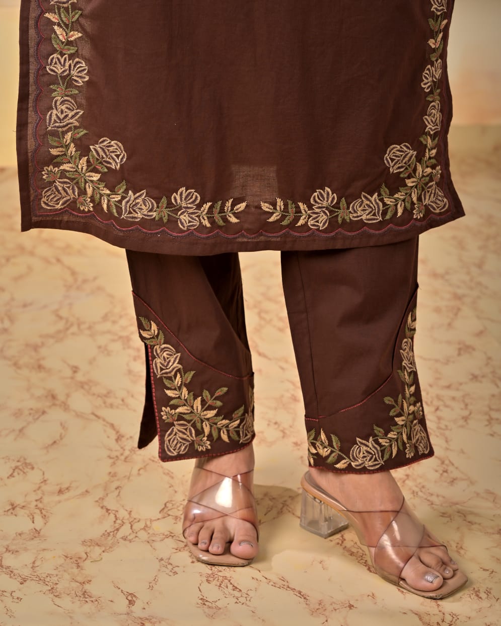 Chocolate Brown Floral Embroidered Kurta Pant Dupatta Set