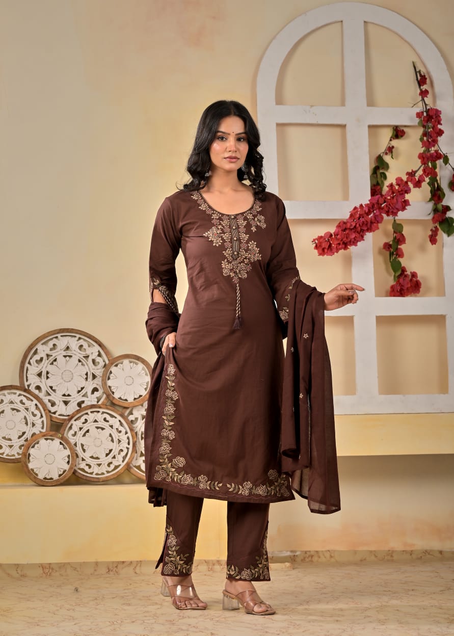 Chocolate Brown Floral Embroidered Kurta Pant Dupatta Set