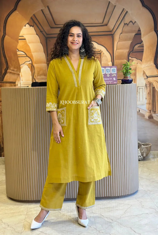 Jaipur Kurta Mustard Yellow Cotton Kurta With White Embroidery
