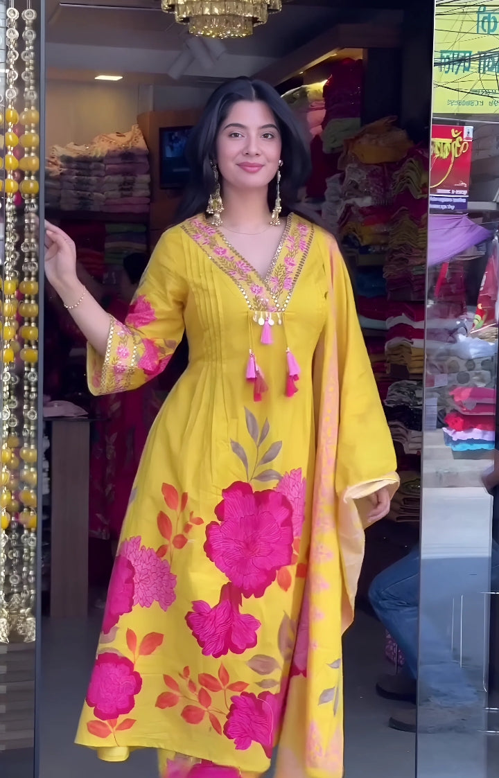 Women’s Yellow Cotton Floral Printed Anarkali Kurta with Tassel Detailing