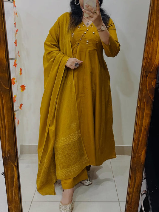 Premium Mustard Yellow Anarkali Kurti Pant Dupatta Set