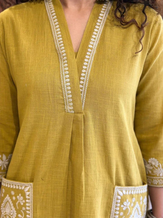 Jaipur Kurta Mustard Yellow Cotton Kurta With White Embroidery