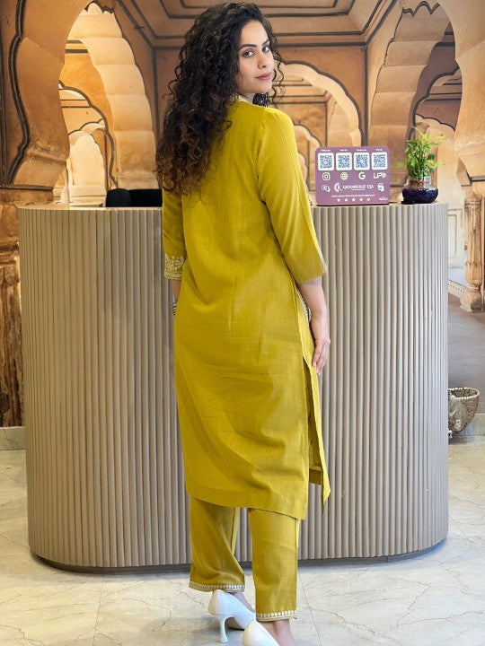 Jaipur Kurta Mustard Yellow Cotton Kurta With White Embroidery