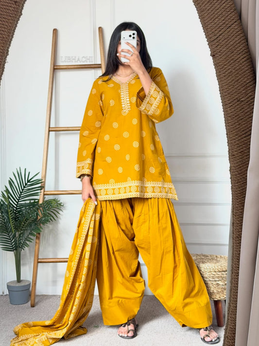Premium Yellow Floral Printed Kurta Palazzo Suit Set