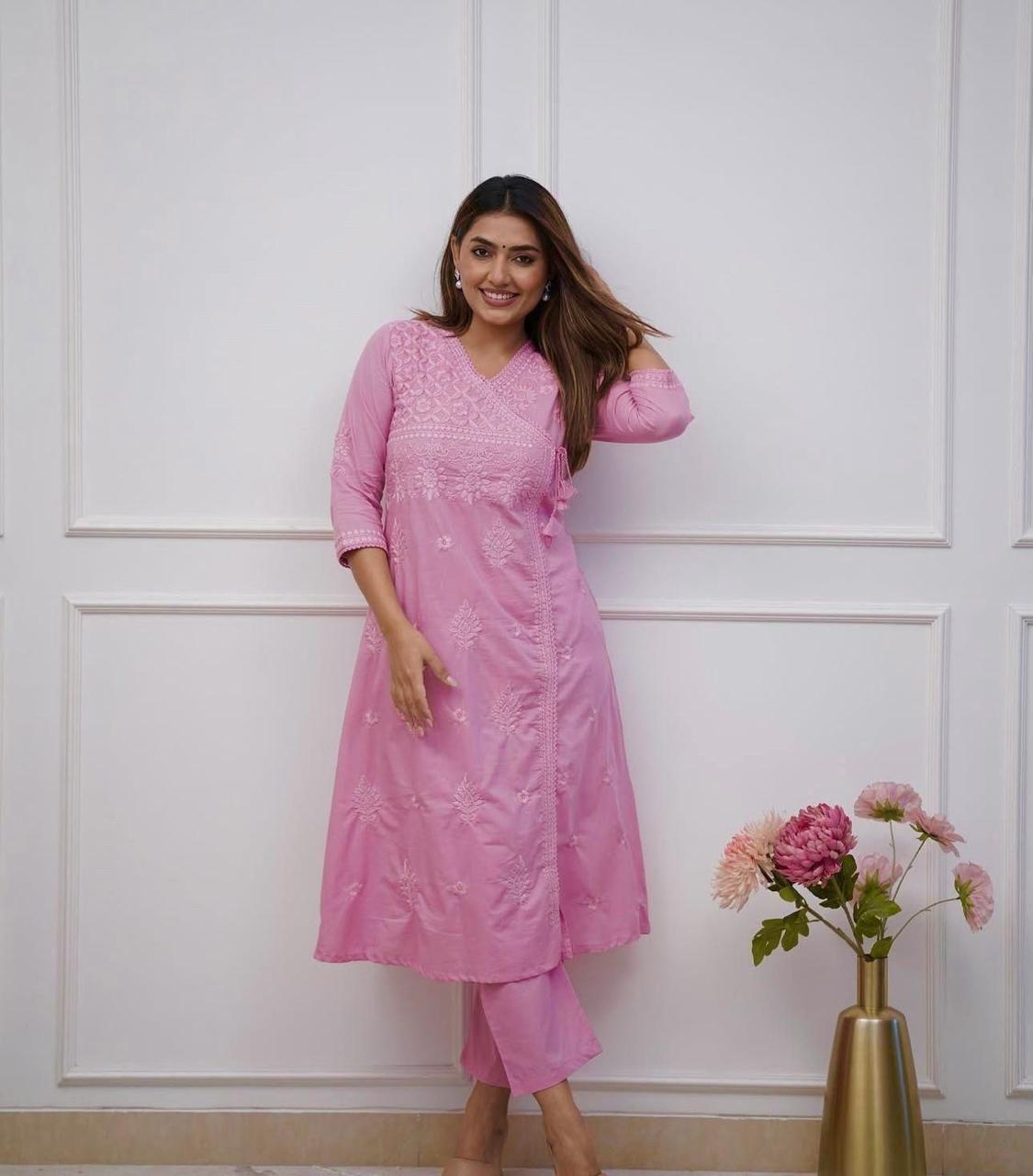 Pink Embroidered Cotton Kurta Pant Se