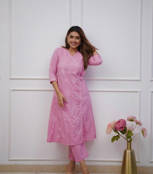 Pink Embroidered Cotton Kurta Pant Se