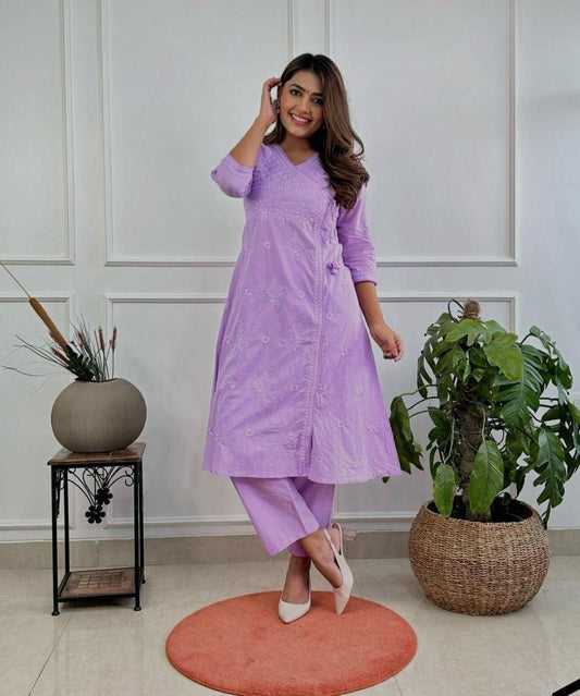 Lavender Embroidered Cotton Kurta Pant Set