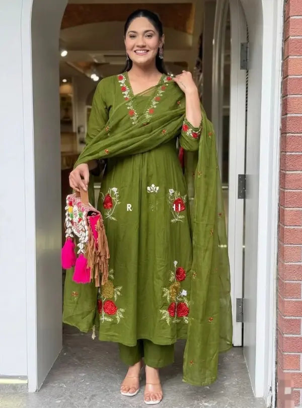 Olive Green Floral Embroidered Cotton Kurta Pant Dupatta Set