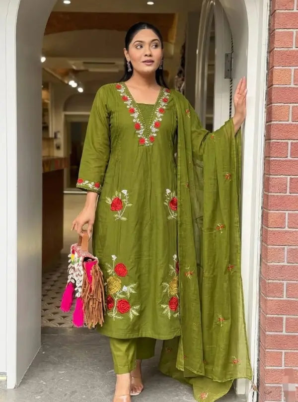 Olive Green Floral Embroidered Cotton Kurta Pant Dupatta Set