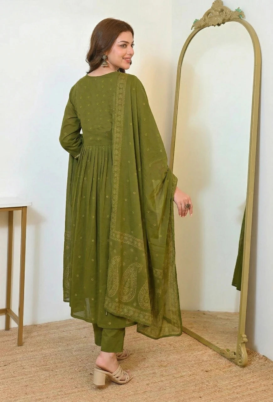 Olive Green Embroidered Anarkali Kurta Pant Dupatta Set